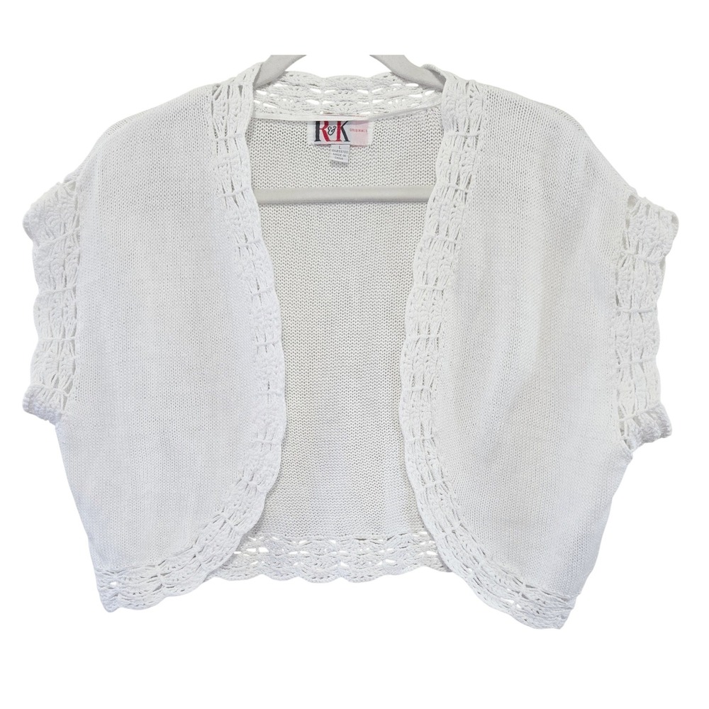 R&K Originals Classic Chic White Cotton Knit Cropped Shrug Cardigan Crochet L